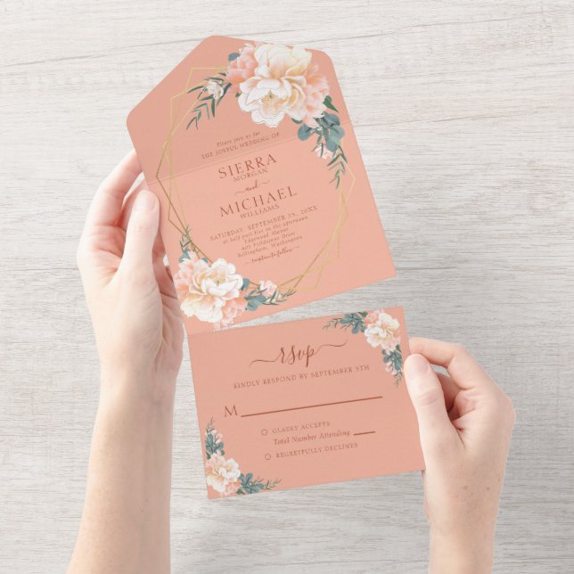 Invitación Todo En Uno Terracotta Rubor Gold Peach Cream Floral Boda (desgarro)