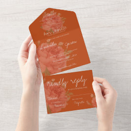 Invitación Todo En Uno Terracotta Rust Floral Monograma Boda