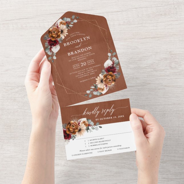 Invitación Todo En Uno Terracotta Sage Burgundy Boda Geométrico Floral (desgarro)