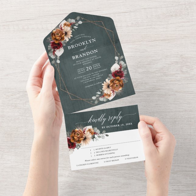 Invitación Todo En Uno Terracotta Sage Burgundy Boda Geométrico Floral (desgarro)