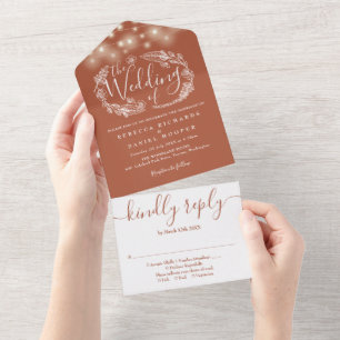 Invitación Todo En Uno Terracotta String Lights Foliage Boda