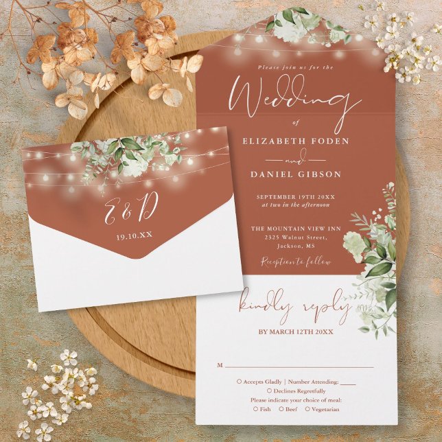 Invitación Todo En Uno Terracotta String Luces Greenerenery Monograma Bod (Terracotta String Lights Greenery Monogram Wedding All In One Invitation)