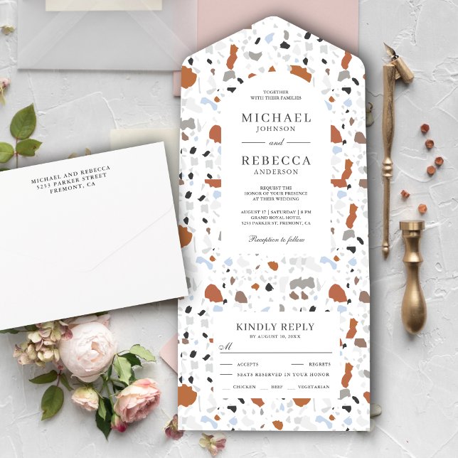 Invitación Todo En Uno Terrazzo Boda mínimo de tierra neutra (Subido por el creador)