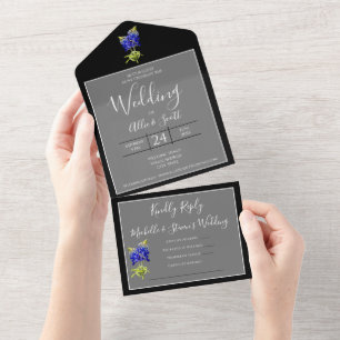 Invitación Todo En Uno Texas Bluebonnets sobre gris oscuro, boda de prima