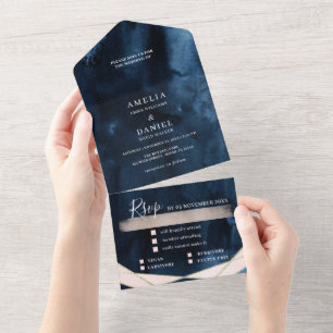 Invitación Todo En Uno Textura de color de agua Moody Navy Boda rosa azul