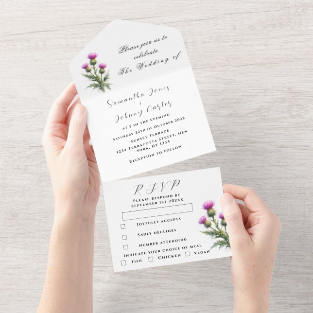 Invitación Todo En Uno Thistle Scottish Simple Purple Floral Wedding (desgarro)