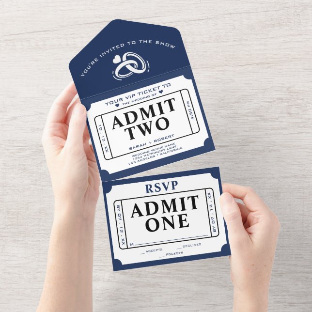 Invitación Todo En Uno Ticket Retro Stube Admite Dos Bodas Blancos y Azul (desgarro)