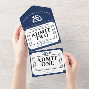 Invitación Todo En Uno Ticket Retro Stube Admite Dos Bodas Blancos y Azul