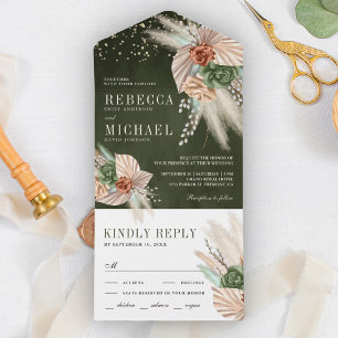 Invitación Todo En Uno Tierra de Palma de Marfil Floral Pampas Verde Oliv