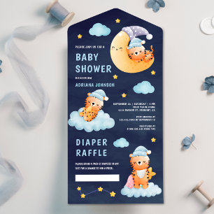Invitación Todo En Uno Tigre Durmiente en Azul Marino Luna Baby Shower