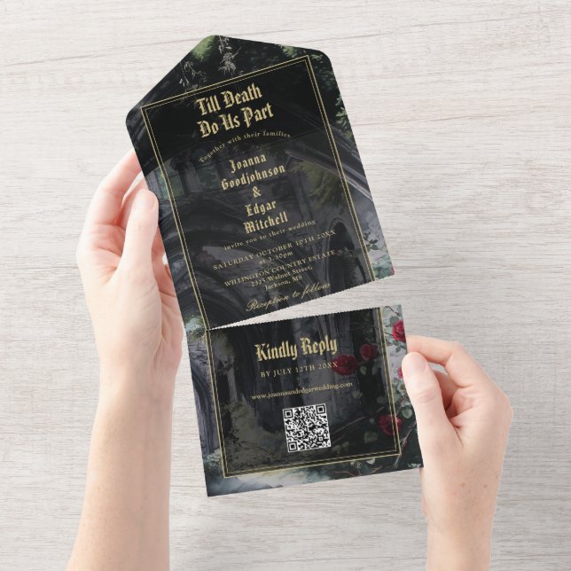 Invitación Todo En Uno Till Death Gothic Ruins QR Code Wedding (desgarro)