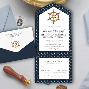 Invitación Todo En Uno Timón de barco rústico náutico azul marino boda