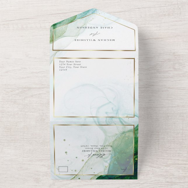 Invitación Todo En Uno Tinta Alcoholica Verde Kelly Mármol de Boda Teal (Afuera)