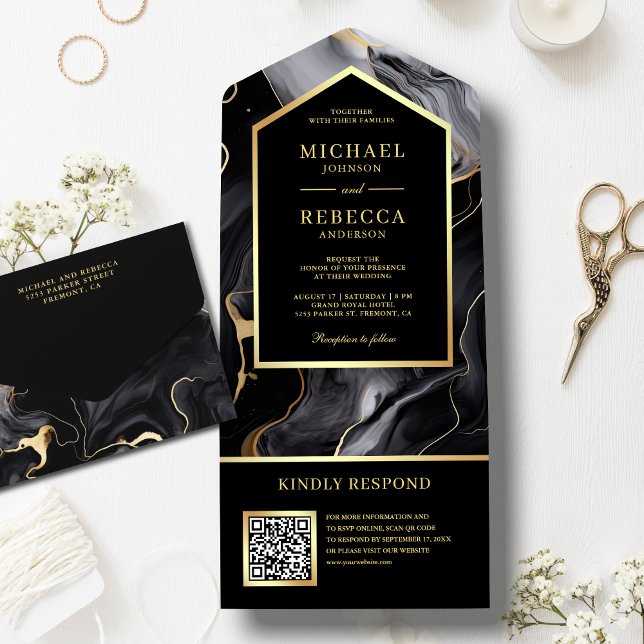 Invitación Todo En Uno Tinta Fluida Abstracta Código QR Boda Oro Negro (Subido por el creador)
