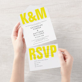 Invitación Todo En Uno Tipo negrita moderno + Boda monograma amarillo