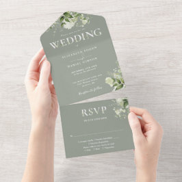 Invitación Todo En Uno Tipografía de la vegetación floral Boda verde sabi