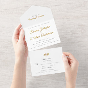 Invitación Todo En Uno Tipografía de letra moderna negra blanca y dorada 
