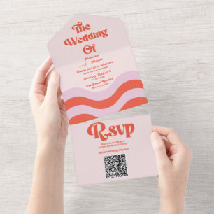 Invitación Todo En Uno Tipografía de Naranja rosa retro Boda de código QR