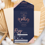 Invitación Todo En Uno tipografía de purpurina de oro Rosa boda azul mari<br><div class="desc">Elegante moda rosa de purpurina de oro tipografía boda azul marino ,  rosa de color purpurina dorado de la tipografía de bloques de color sobre personalizable azul marino y rosa de rayas geométricas de oro moda ,  perfecta para elegante y lujoso boda,  añada su foto,  detalles bodas y rsvp.</div>