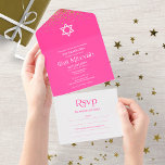 Invitación Todo En Uno Tipografía moderna Confetti rosado caliente Mitzva<br><div class="desc">Una elegante invitación de Mitzvah, murciélago rosa caliente, fácil de personalizar con tus detalles. NOTA: Esta invitación está lista para enviarse sin un sobre; incluya la dirección de devolución en el reverso; si planea enviarla usando un sobre, deje en blanco los detalles de la dirección de devolución (al revés). DIRECCIÓN...</div>