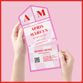 Invitación Todo En Uno Tipografía negrita Boda de Monograma Rojo Vibrante