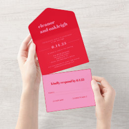 Invitación Todo En Uno Tipografía Negrita Rosa Brillante y Rojo Boda Mode