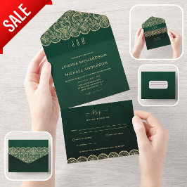 Invitación Todo En Uno Todo en un Boda de encaje verde ruso con RSVP