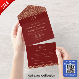 Invitación Todo En Uno Todo en un ruso Boda de encaje de oro rojo con RSV