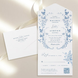 Invitación Todo En Uno Todo En Uno Elegante Boda Botánica Francesa Azul