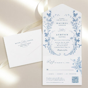 Invitación Todo En Uno Todo En Uno Elegante Boda Botánica Francesa Azul
