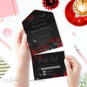 Invitación Todo En Uno Todo floral negro y rojo en una sola boda
