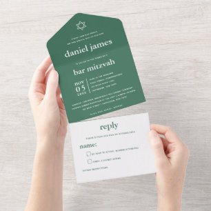 Invitación Todo En Uno TODO Verde profundo de Mitzvah moderno en una sola