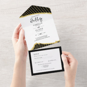Invitación Todo En Uno Todos Incluidos 3 Bodas Temáticas de Oro Negro RSV
