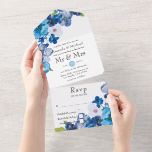 Invitación Todo En Uno Tonos de boda floral azul