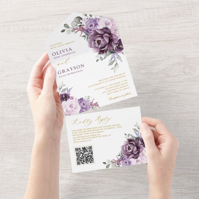 Invitación Todo En Uno Tonos de Boda floral dorado de violeta violeta (desgarro)
