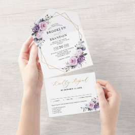 Invitación Todo En Uno Tonos de Boda geométrico de violetas polvorientas