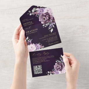 Invitación Todo En Uno Tonos de violeta morada agitada florece Boda morad