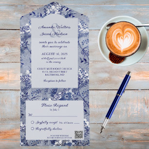 Invitación Todo En Uno Tonos vintage de Floral Azul con código QR