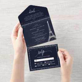 Invitación Todo En Uno Torre Eiffel de París Bodas con Brillo Plateado