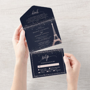 Invitación Todo En Uno Torre Eiffel de París Rosa Dorado Brillo Boda Todo