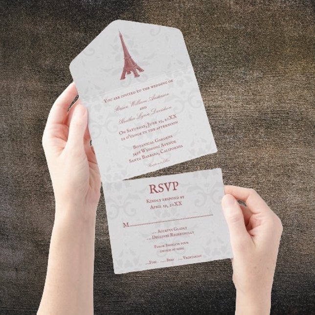Invitación Todo En Uno Torre Eiffel Roja Damask Boda Todo en Uno (Red Eiffel Tower Damask All in One Wedding Invite)