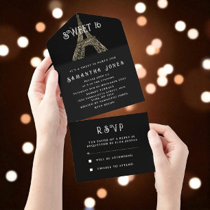 Invitación Todo En Uno Torre Eiffel Sweet 16 Floral Dieciséis París Franc