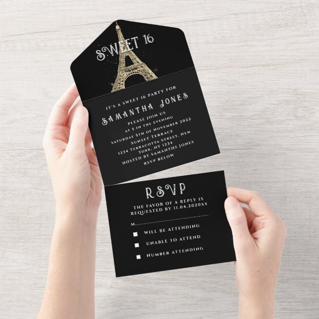 Invitación Todo En Uno Torre Eiffel Sweet 16 Floral Dieciséis París Franc (desgarro)