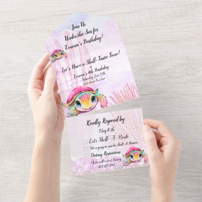 Invitación Todo En Uno Tortuga, cuarto cumpleaños, bajo el mar (desgarro)