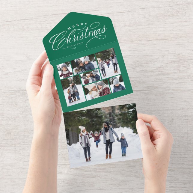 Invitación Todo En Uno Triplicidad única de fotos verde navideña (desgarro)