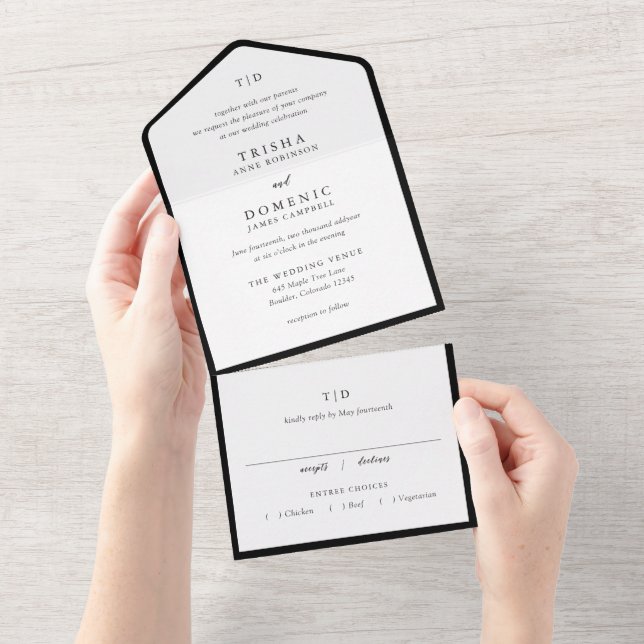 Invitación Todo En Uno Trisha Boda moderno negro y blanco (desgarro)