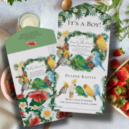 Invitación Todo En Uno Tropical Exotic Hermoso Parrots Baby Shower