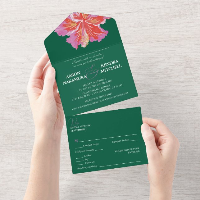 Invitación Todo En Uno Tropical Hibiscus Emerald Wedding (desgarro)