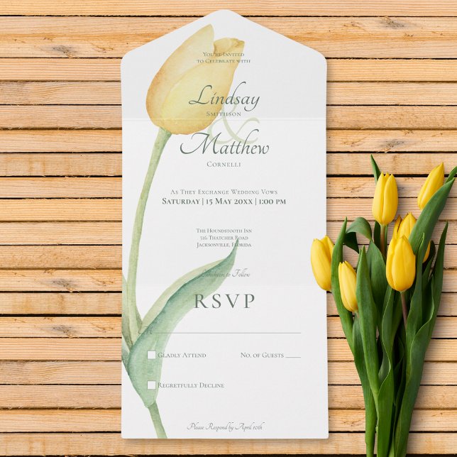 Invitación Todo En Uno Tulipán amarillo pálido solo moderno sin cena (Pale Yellow Tulip Solo Modern No Dinner All In One Invitation)