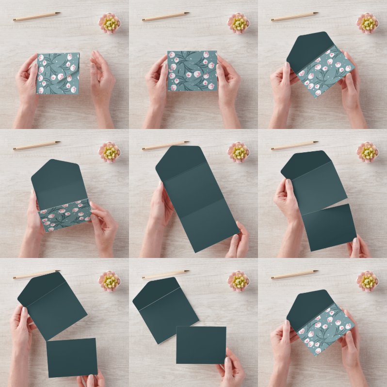 Invitación Todo En Uno Tulipanes blancos elegantes sobre el patrón verde